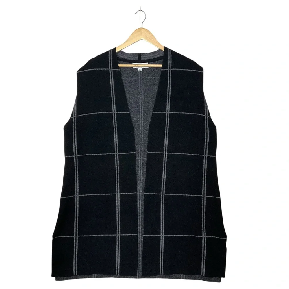 MAGACHONI sz 1X Long Sweater Vest Open Window Pane Plaid Charcoal Black
